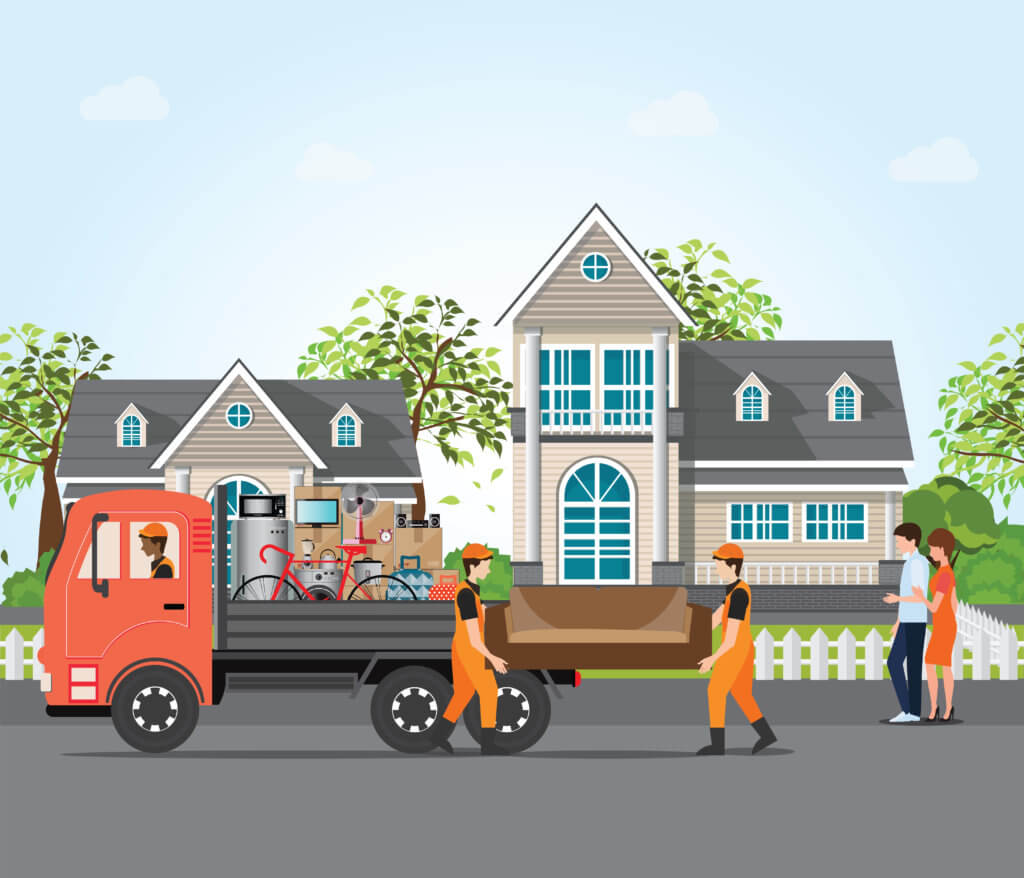 Couple moving into new house, employee moving furniture with service trucks, moving home and real estate conceptual Vector illustration.