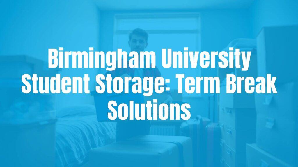 A busy Birmingham university student packing boxes in a dorm room, storage containers and suitcases visible, warm and practical lighting, realistic style.