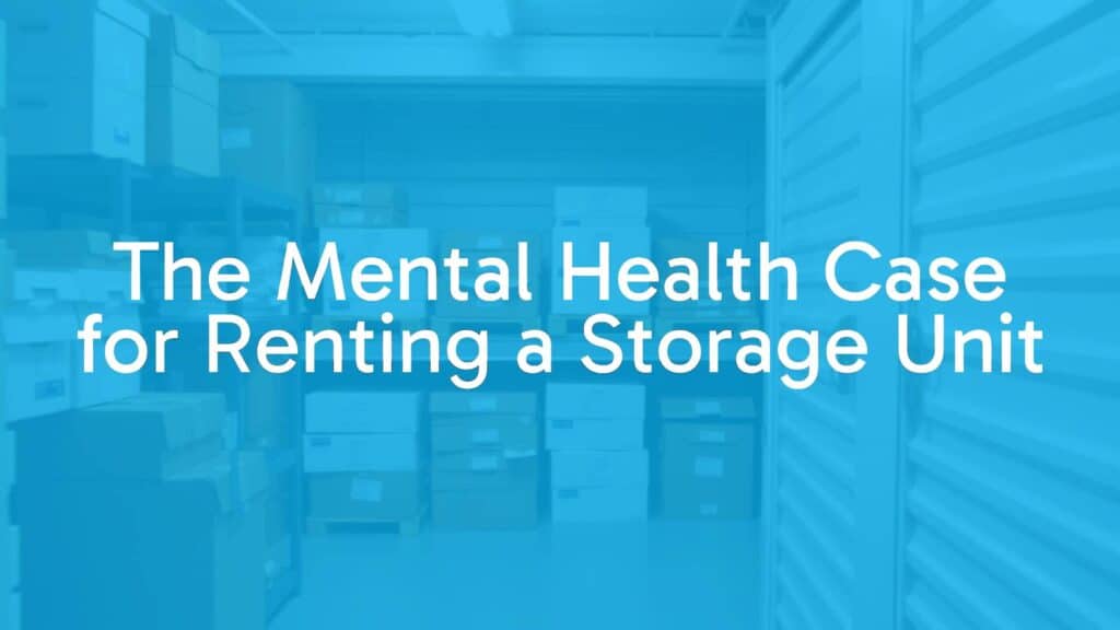 A clean, organized storage unit with neatly stacked boxes, minimalistic, soft lighting, representing mental clarity and stress relief.