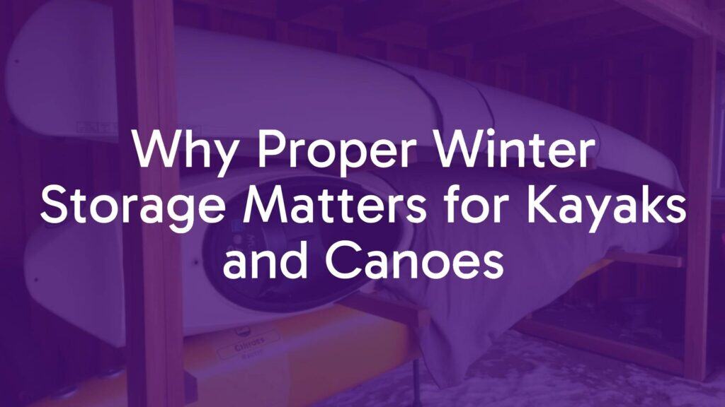 A kayak and a canoe stored indoors on a wooden rack, clean and dry, with protective covers, winter setting, realistic.