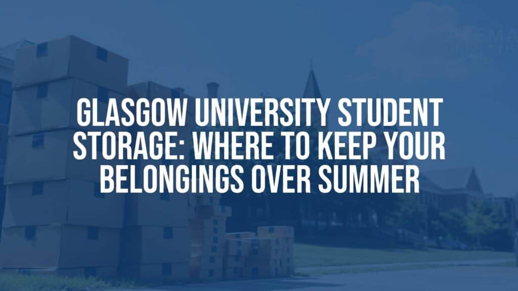 A stack of cardboard boxes labeled 'Glasgow Uni' near a university campus, sunny summer day, realistic.