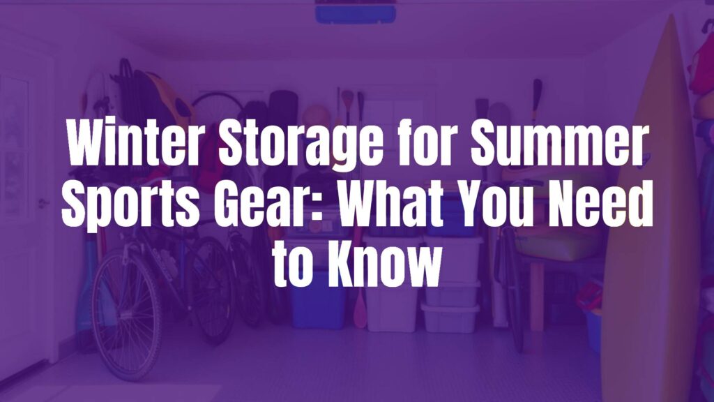 Neatly organized summer sports gear stored in a clean garage, bikes, golf clubs, and kayaks, labeled boxes, winter storage preparation, bright and tidy atmosphere, realistic.
