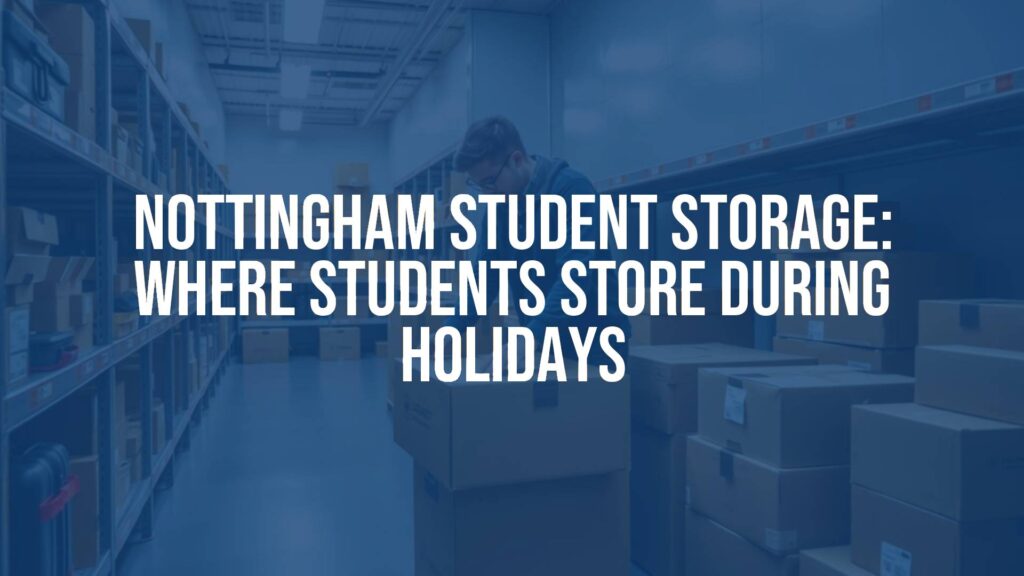 A university student packing boxes in a tidy storage unit, with shelves full of labeled boxes and suitcases, modern and clean storage facility, bright lighting, realistic style.