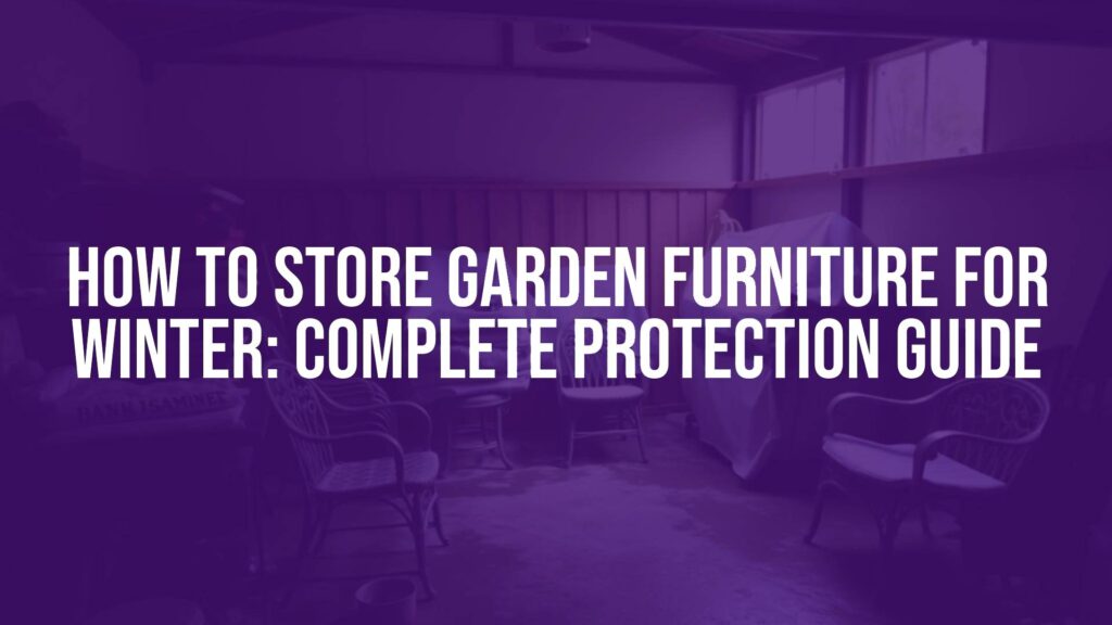 Garden furniture neatly stacked and covered in a dry garage, winter protection theme, cozy and organized, realistic.