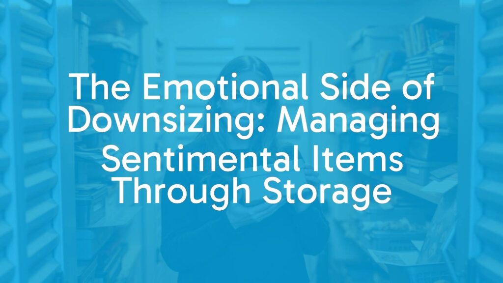 A woman holding a small memory box in a cozy storage unit, surrounded by neatly organized sentimental items, warm lighting, emotional and nostalgic vibe.