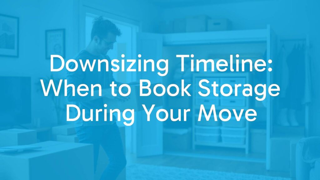 A person packing boxes in a home, storage unit in the background, organized and clean, realistic.