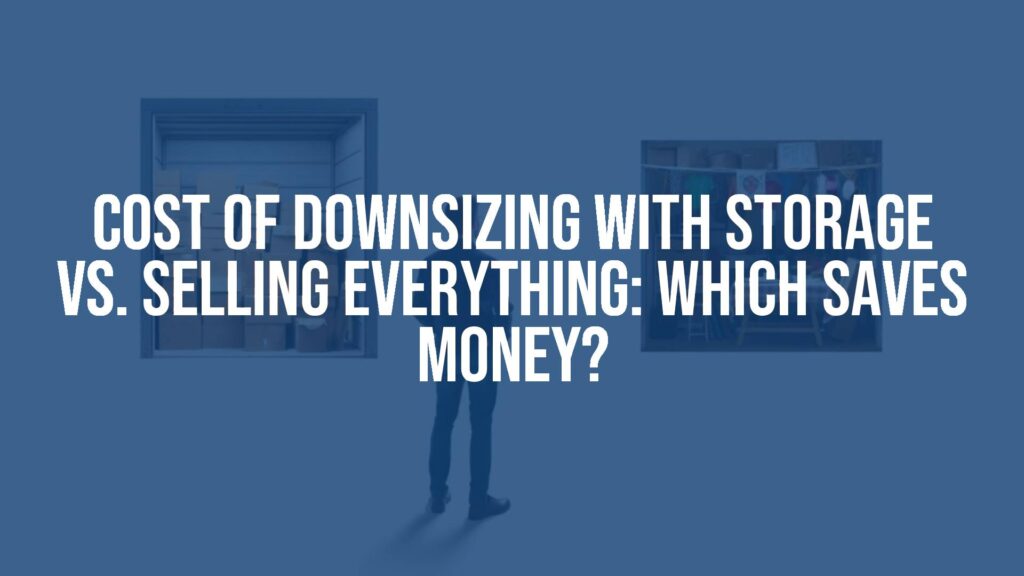 A person deciding between a storage unit full of boxes and selling items at a garage sale, financial dilemma, neutral tones.