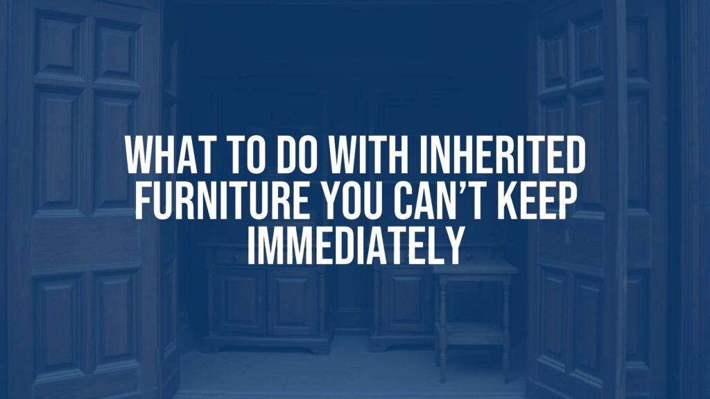 Antique wooden furniture in a storage unit, soft lighting, emotional decision-making theme, realistic style.