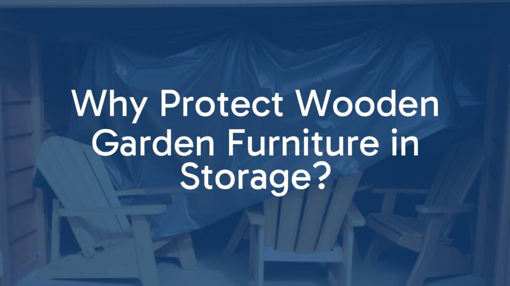 Wooden garden furniture covered with a waterproof tarp in a dry storage shed, neatly arranged, soft lighting, realistic.